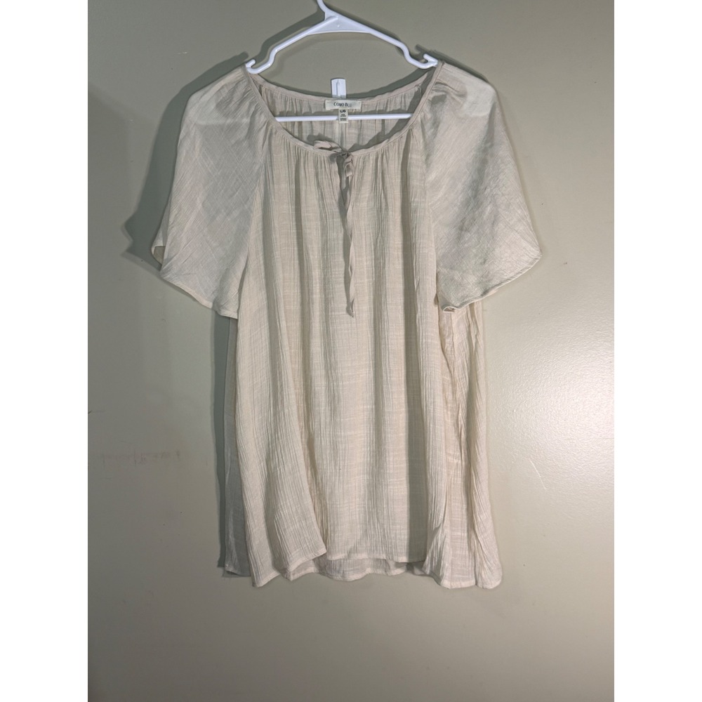 Como Blu Women Cream Textured Short Sleeve Tie Neck Blouse L SKU 1512859